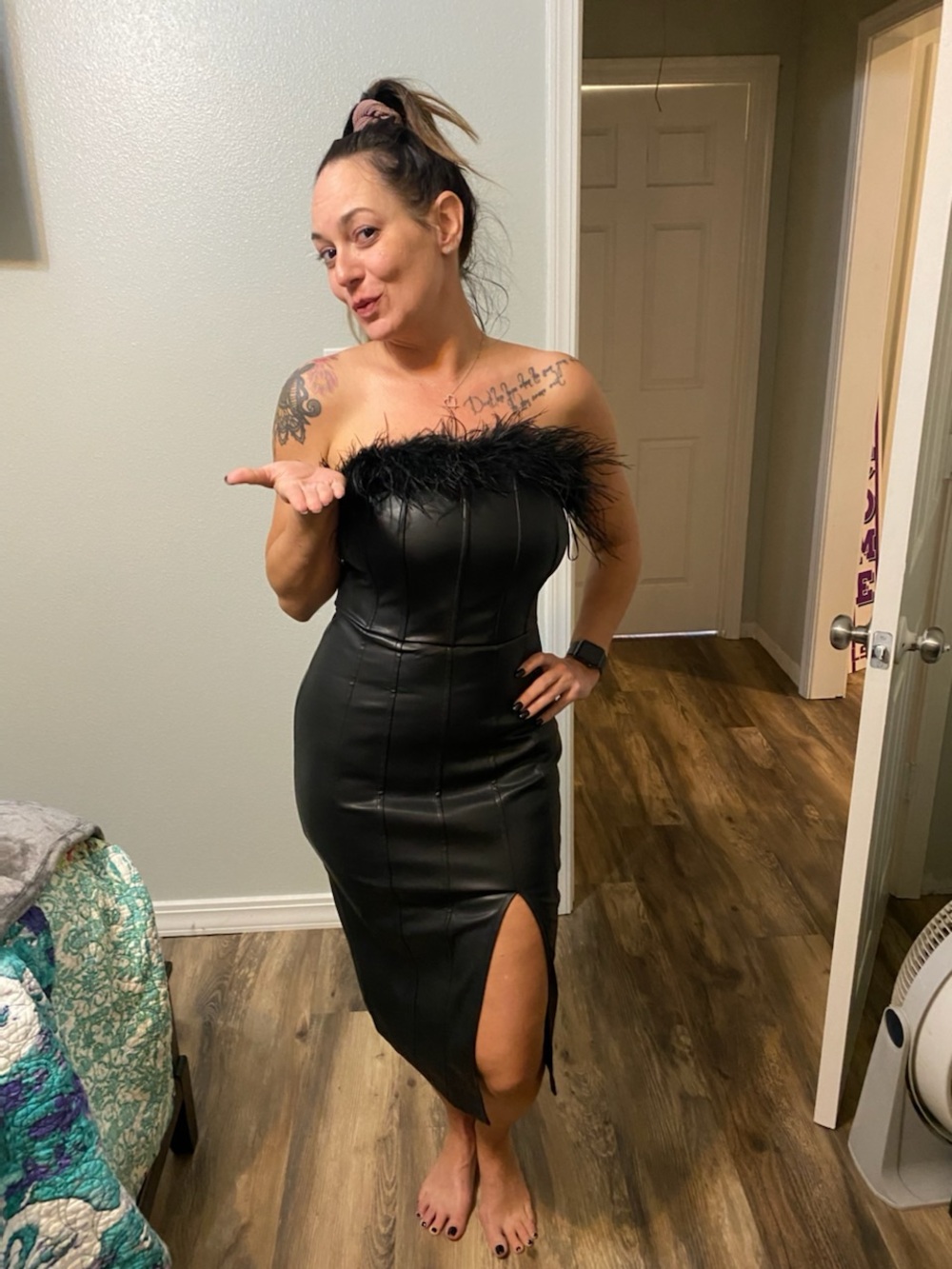 Black Strapless Faux-Leather Midi Dress with Feather Trim